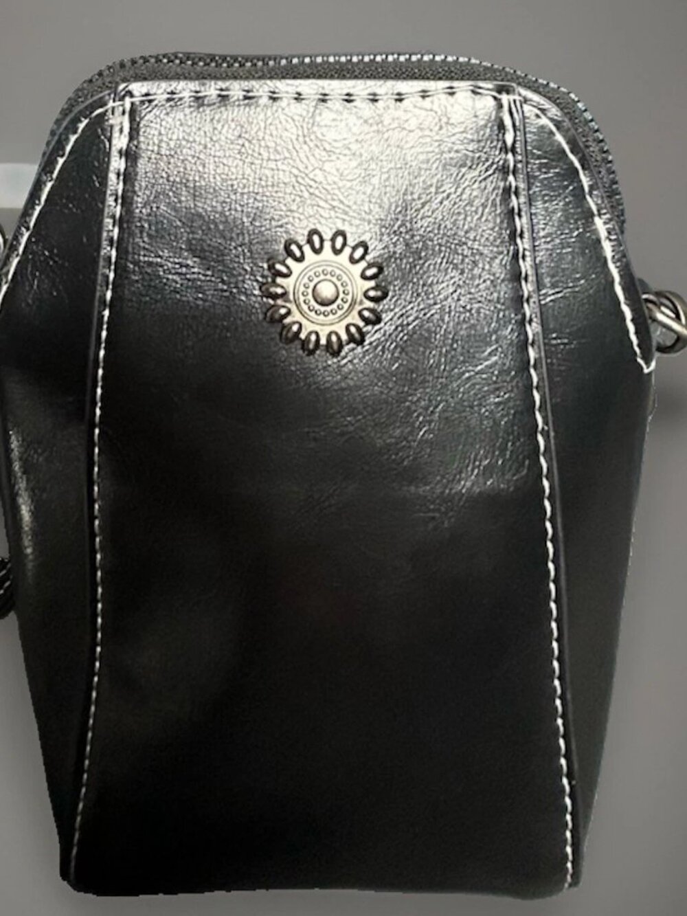 Black Faux Leather Cell Phone Crossbody Bag Mini Shoulder Purse White Stitching